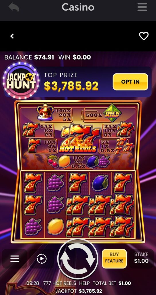 An image of hot reels 777 slot game from CoinPoker online mobile casino app