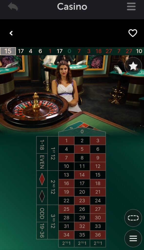 A mobile image of a roulette table with a live dealer in the coinpoker casino app.