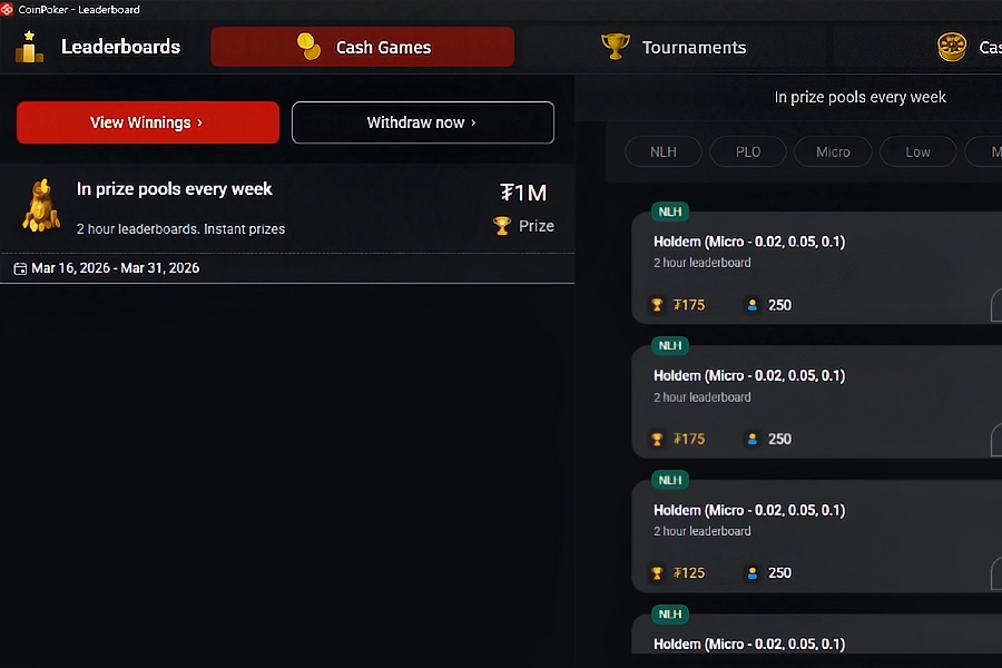 Rankings semanais dos cash games de US$ 1.000.000
