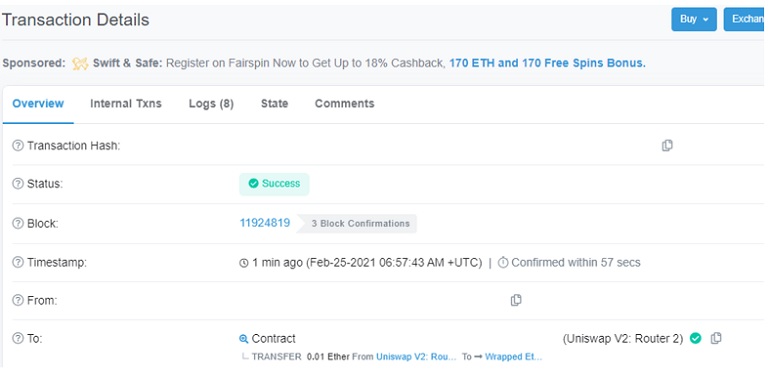 Детали транзакции Uniswap