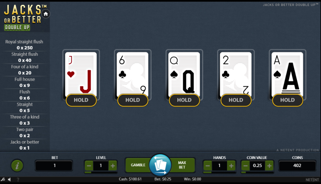 A screenshot of cards dealt in Jacks or Better video poker