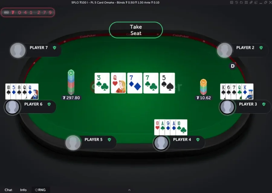Three players in a Pot Limit Omaha 5-card cash game showdown, where one player wins with a full house (Q-Q-Q-7-7), one player has a lower full house (Q-Q-7-7-7), and the other player has two pair (A-A-7-7-Q)