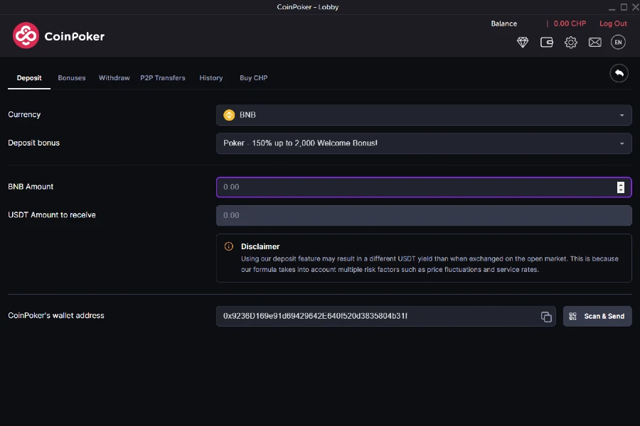A screenshot shows the CoinPoker Cashier, where users select BNB, a bonus, and send funds to a wallet address.
