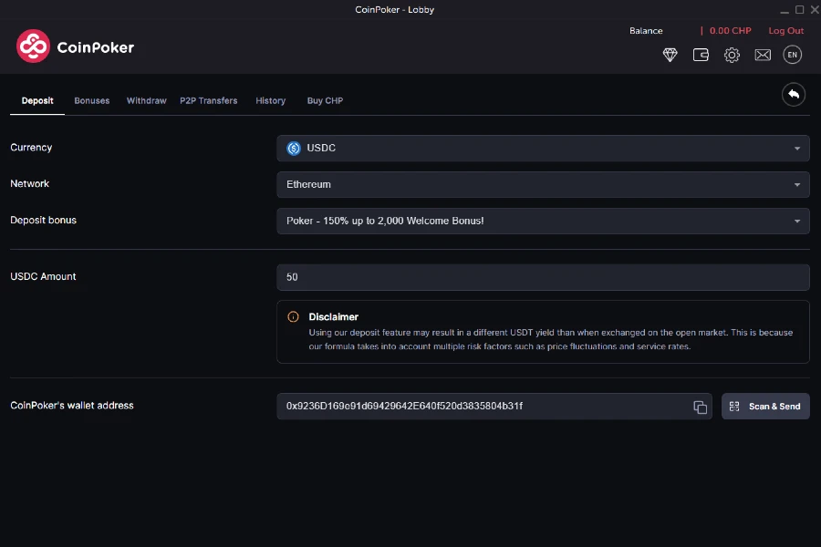 A screenshot shows the CoinPoker Cashier, where users select USDC, a bonus, and send funds to a wallet address.