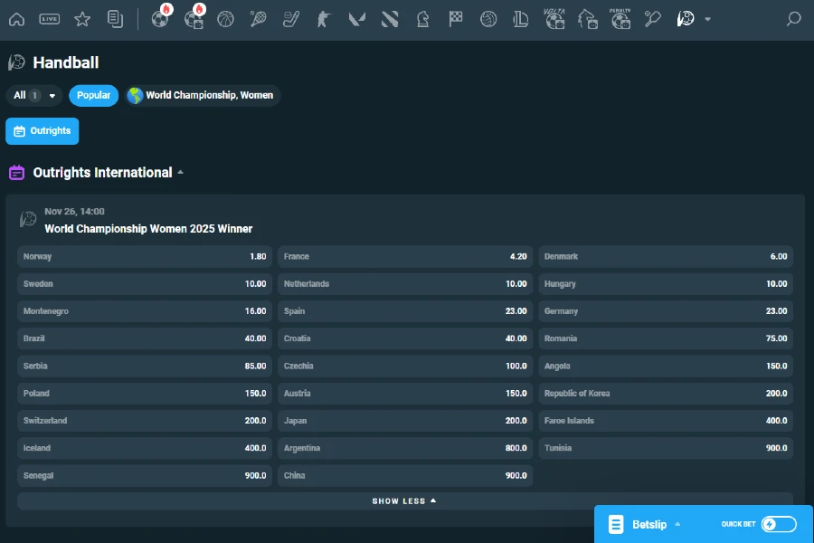 Outright markets for IHF World Women's Handball Championships 2025.