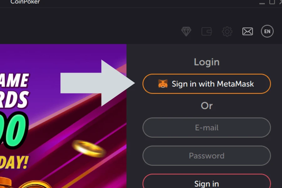 The CoinPoker login screen showing the email and password fields, along with the MetaMask button.