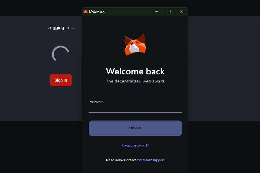 The MetaMask web extension requests a password to log into CoinPoker crypto casino.