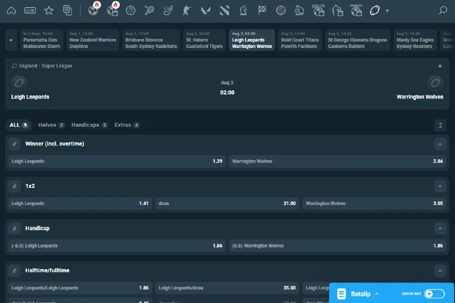 An image of rugby betting market from Englang Super League match.