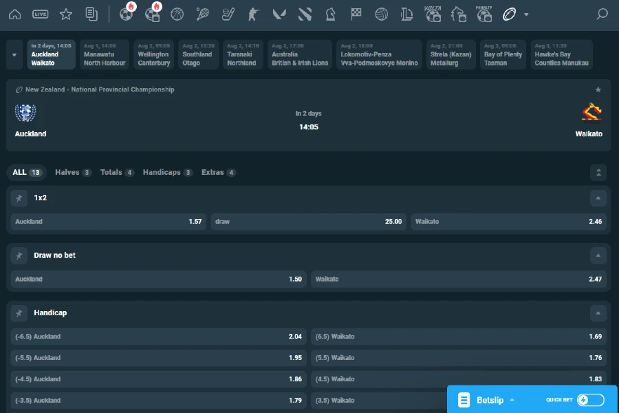 Handicap betting line for Rugby Union match between Auckland and Waikato.
