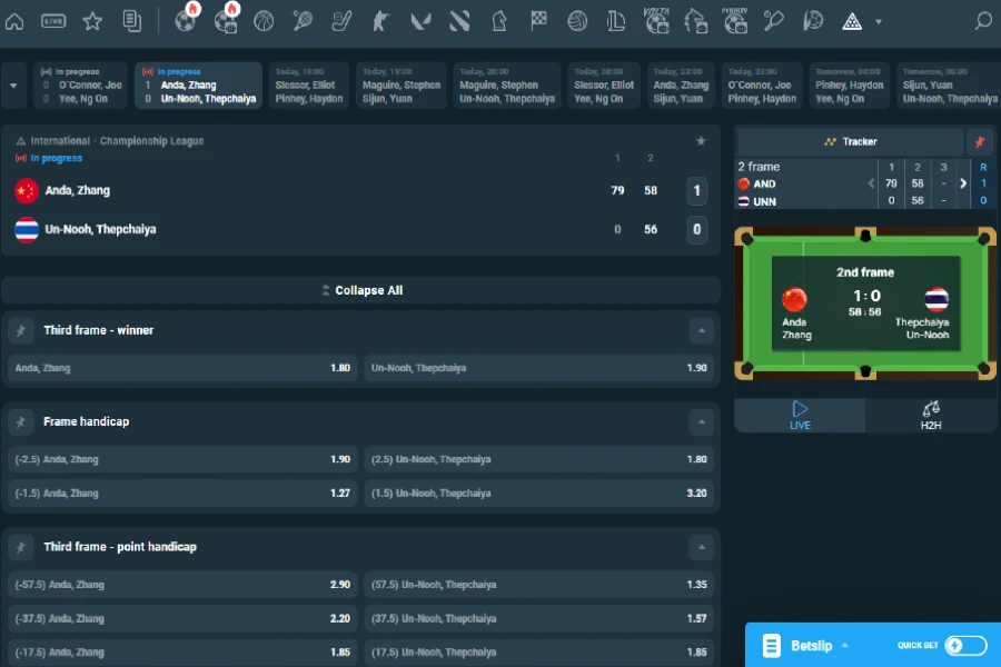 A screenshot of a live snooker match going on in the Snooker Betting section of CoinPoker's sportsbook.