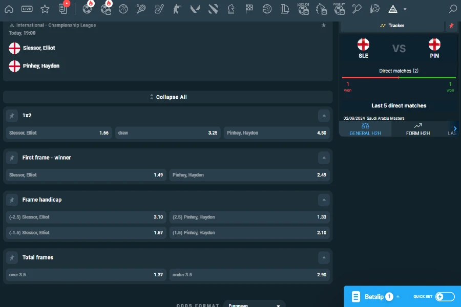 A screenshot shows various betting markets for snooker in the CoinPoker sportsbook.