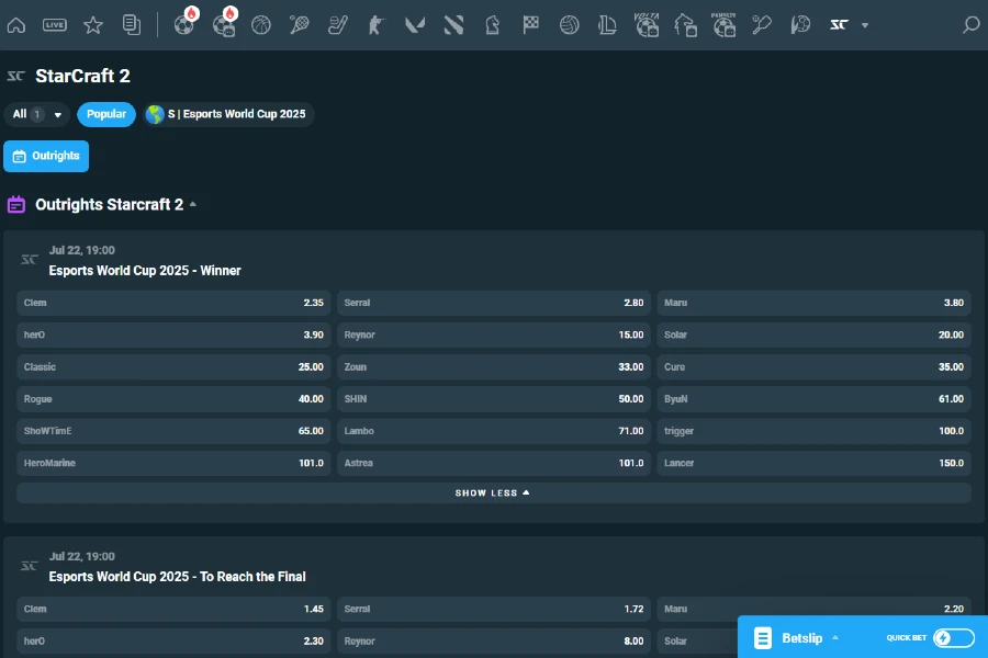 The CoinPoker app shows the best StarCraft 2 esports crypto betting events and markets.