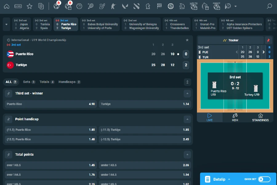 An image of live volleyball betting markets on CoinPoker crypto sportsbook.