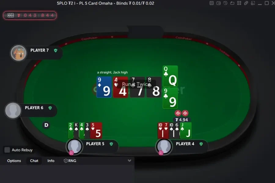 A game of 5-Card Pot Limit Omaha (PLO) on CoinPoker.