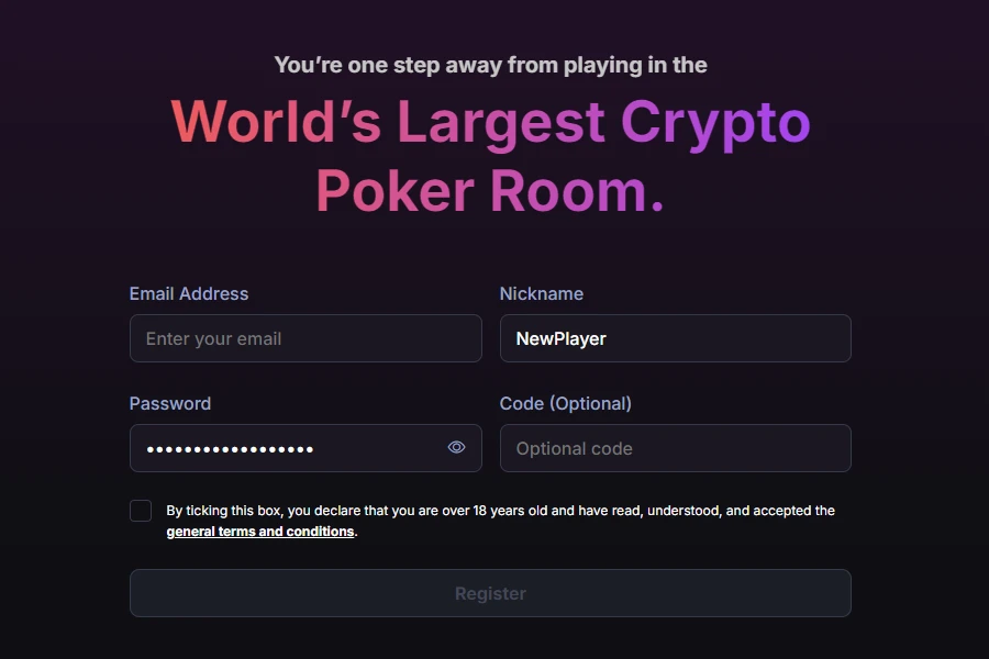 The registration page for poker players on CoinPoker.