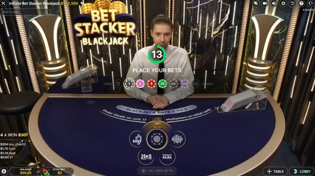 Trong trò chơi Bet Stacker Blackjack trên CoinCasino, người chơi quyết định đặt cược, không tham gia hoặc cân nhắc đặt thêm cược.