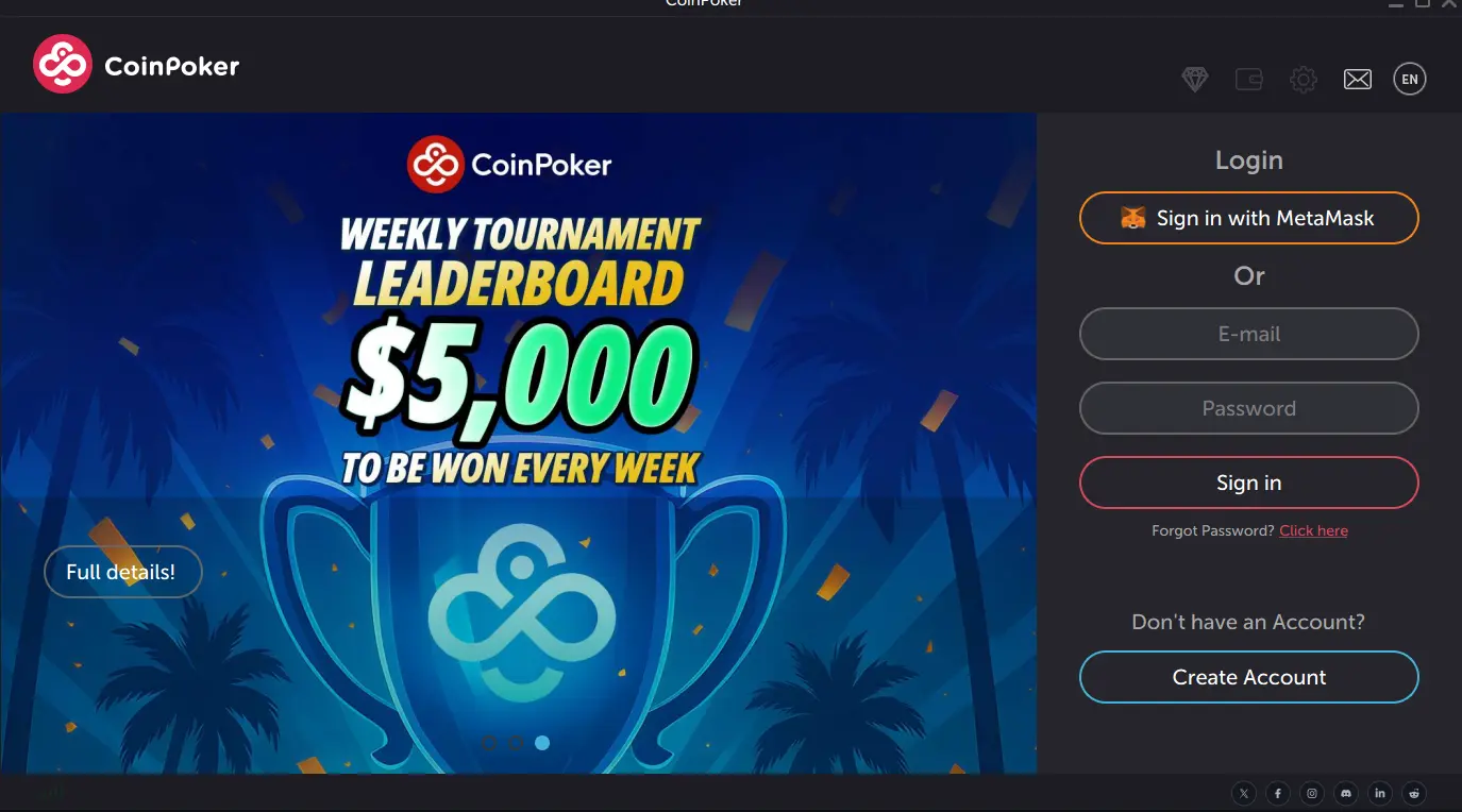 A screenshot of the login interface on CoinPoker app