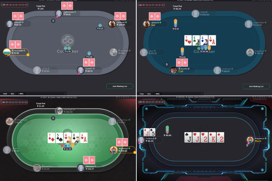 4 cash game tables sit beside each other in what is known as "multi-tabling" where a player monitors and chooses actions on multiple tables.