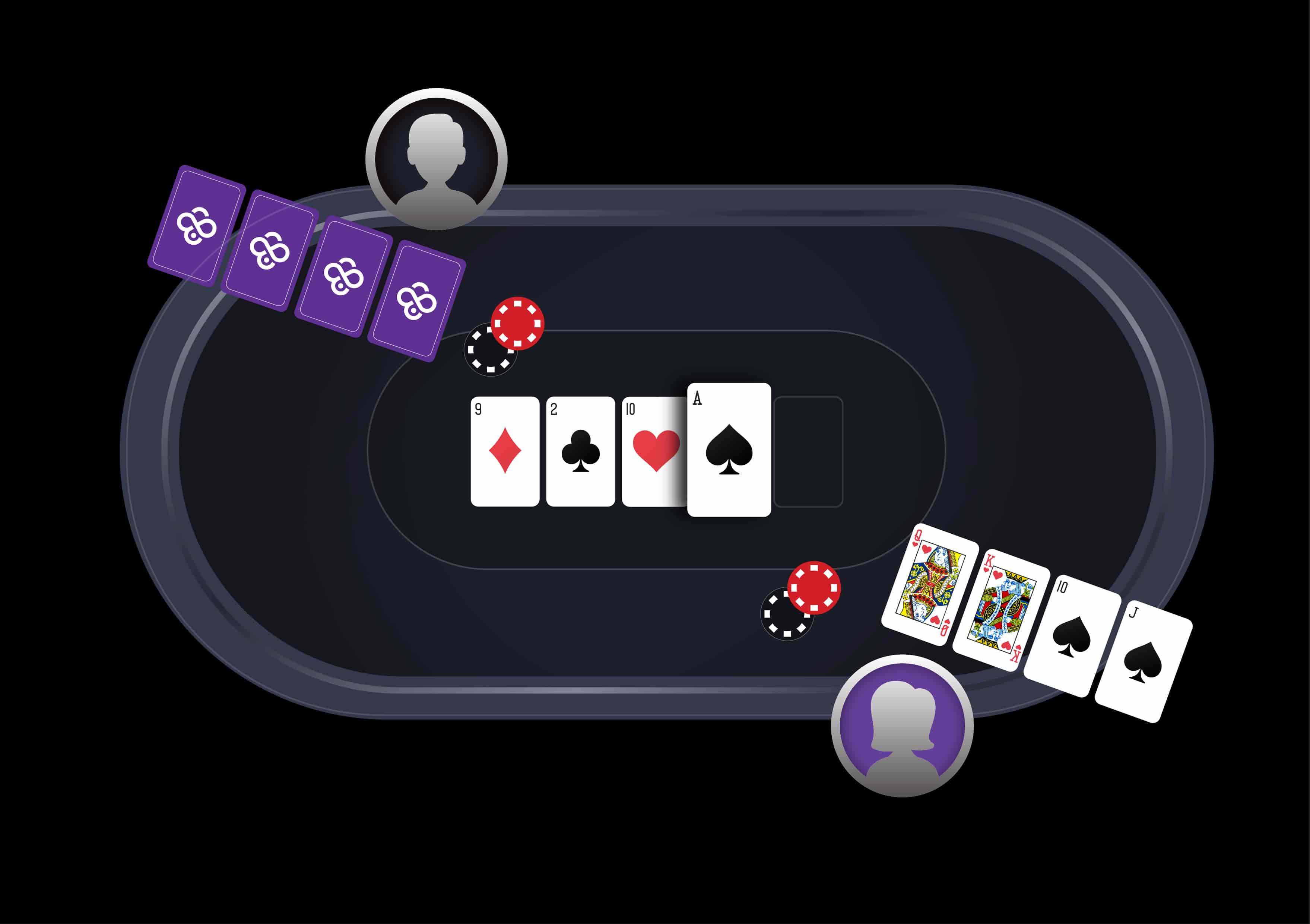 A game of Pot Limit Omaha with a board of 9d, 2c, 10h, As. The player has Qh, Kh, 10s, Js.