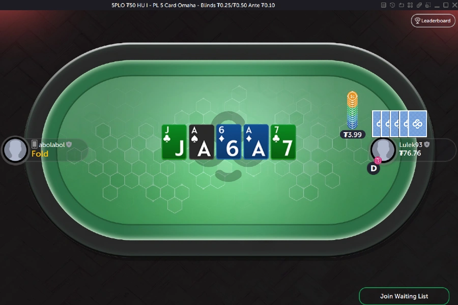 A heads-up game of 5-Card Pot Limit Omaha (PLO5) with two players.