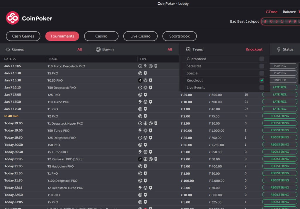 The CoinPoker lobby can be filtered for different kinds of tournaments. In this image, it is being filtered for knockout tournaments.