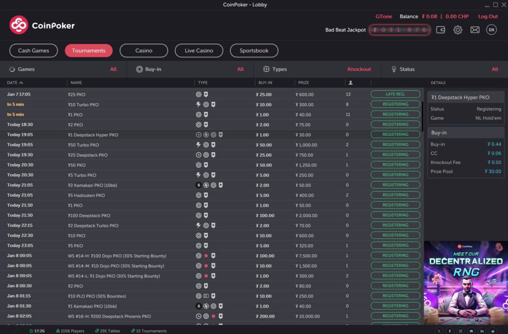 The CoinPoker lobby showing knockout poker tournaments in Late Registration and Registering stages.