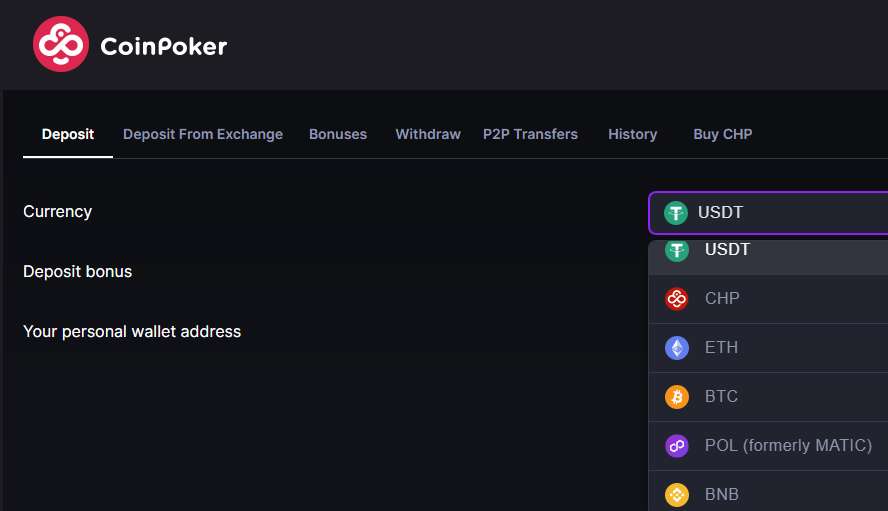 Cyrpto deposit options in the CoinPoker cashier