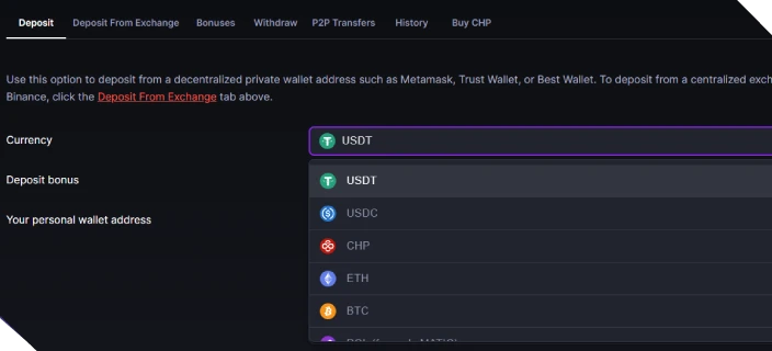 A look at the deposit part of the CoinPoker cashier, displaying various real money and crypto deposit options.