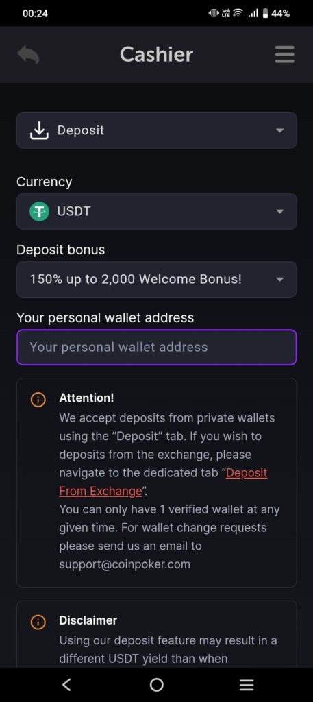 The CoinPoker cashier mobile interface, showing a deposit made with USDT cryptocurrency.