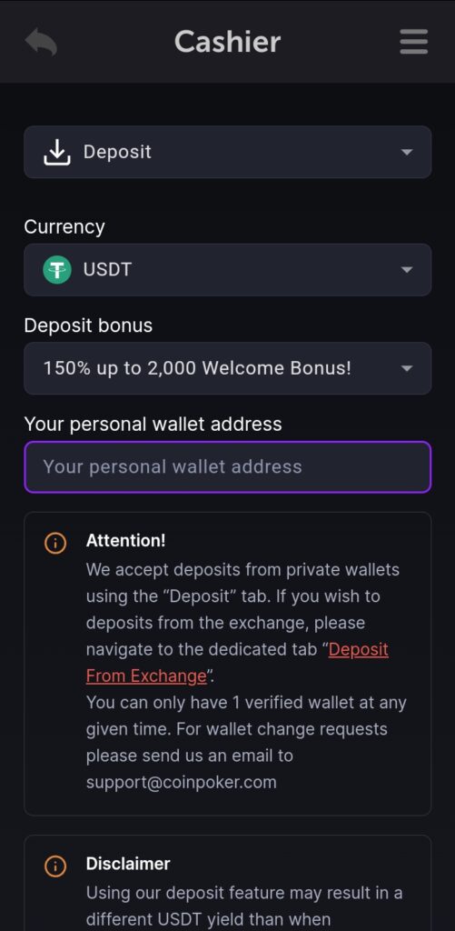 The CoinPoker cashier mobile interface, showing a deposit made with USDT cryptocurrency.