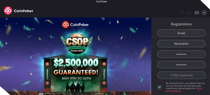 A look at the main screen of the CoinPoker application where users can register or log in.