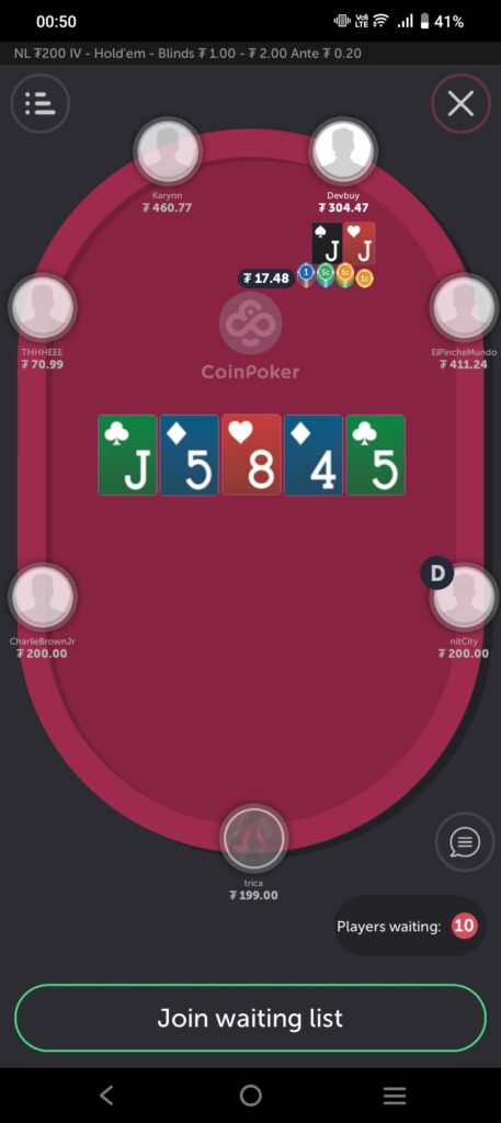 A player shows to Jacks for a full house (Jacks over Fives) in a CoinPoker cash game.