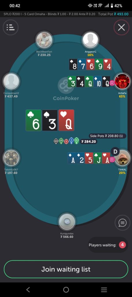 Three players go all-in during a hand of 5-Card Omaha on CoinPoker.