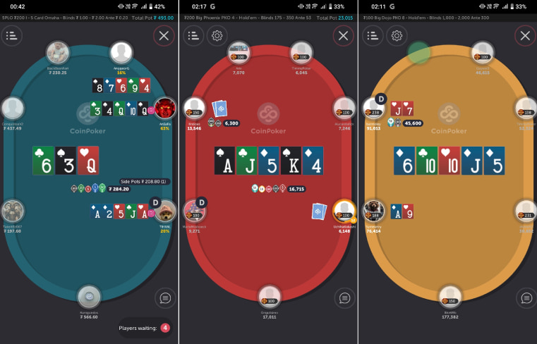 3 different mobile screens show CoinPoker mobile online poker games.