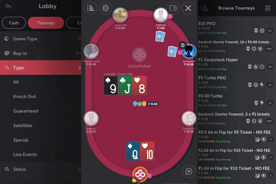 The mobile tournament lobby on CoinPoker