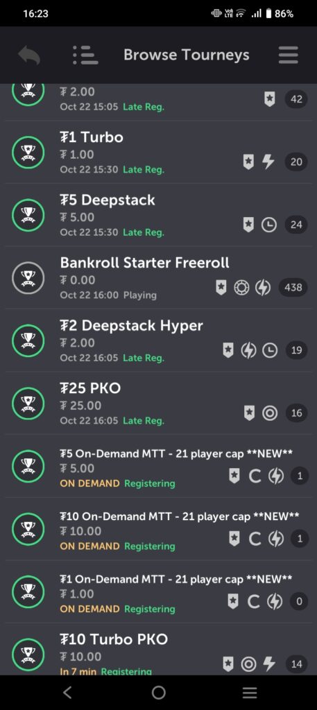 The tournament lobby on CoinPoker showing late registration and registering events.