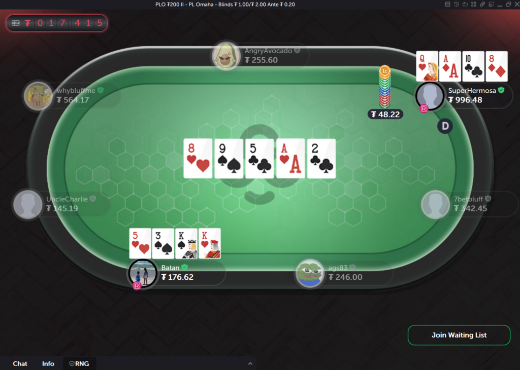 PLO hand reaches showdown in a cash game CoinPoker