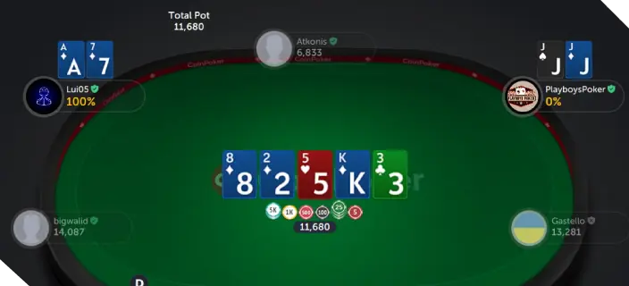 A look at a No Limit Hold'em poker table on CoinPoker where two players compete for a pot.