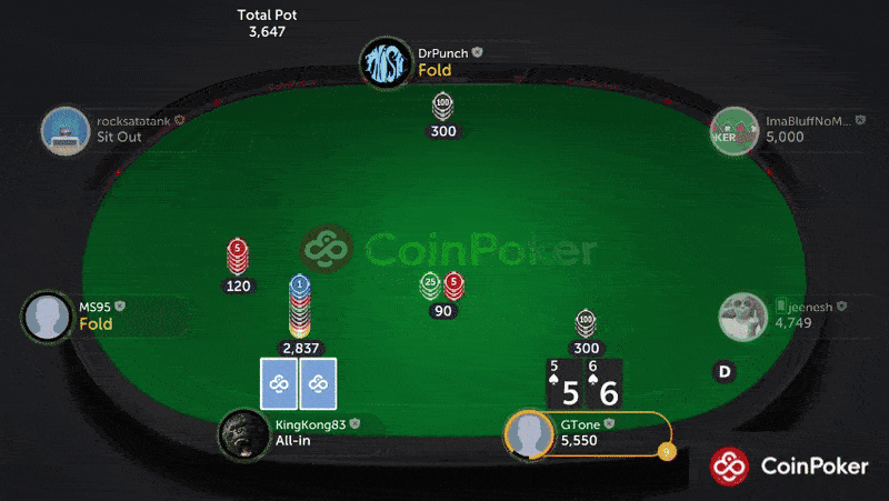 Two players go all-in in a game of Texas Hold'em, with on player beating the pair of 5's with three of a kind 8's.