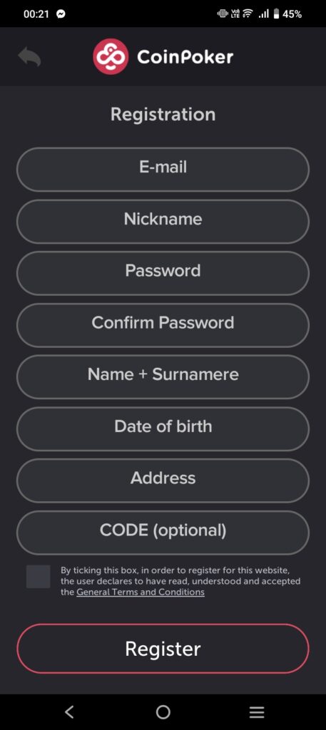 The mobile sign-up information fields for CoinPoker.