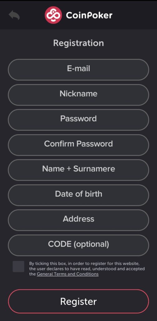 The mobile sign-up information fields for CoinPoker.