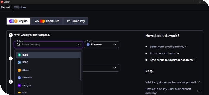 A look at the deposit part of the CoinPoker cashier, displaying various real money and crypto deposit options.