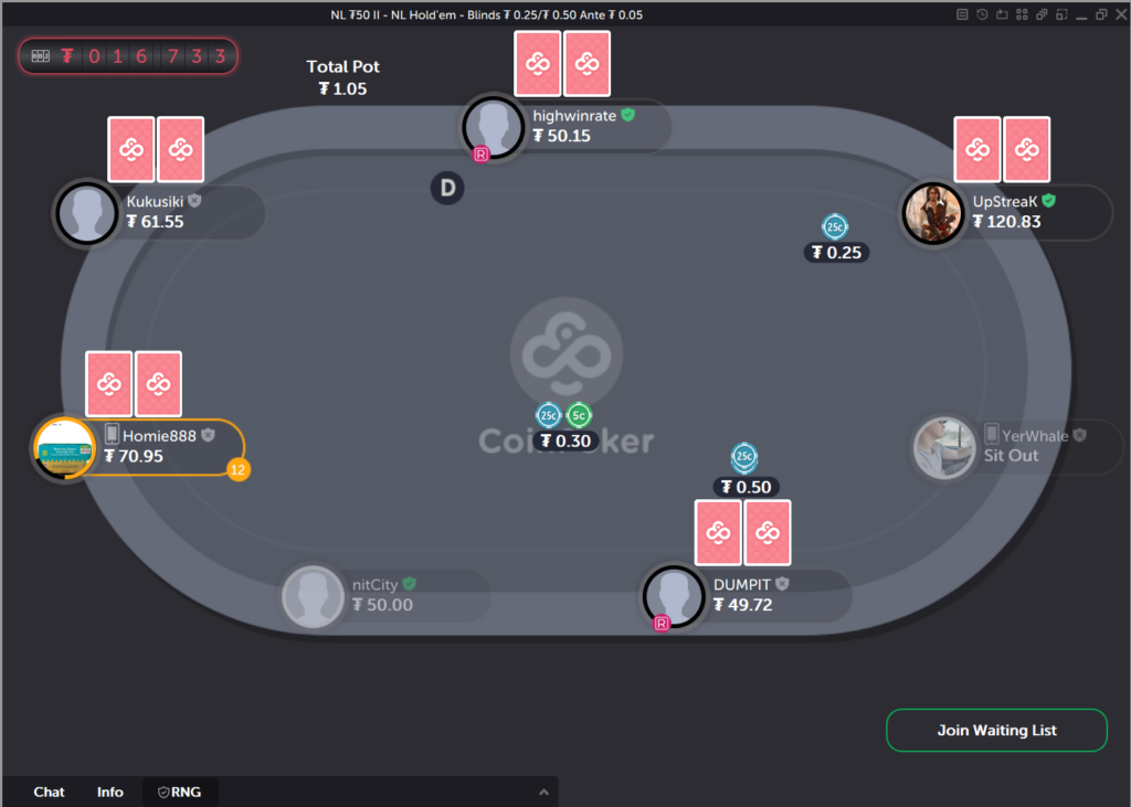 A Texas Holdem table on CoinPoker