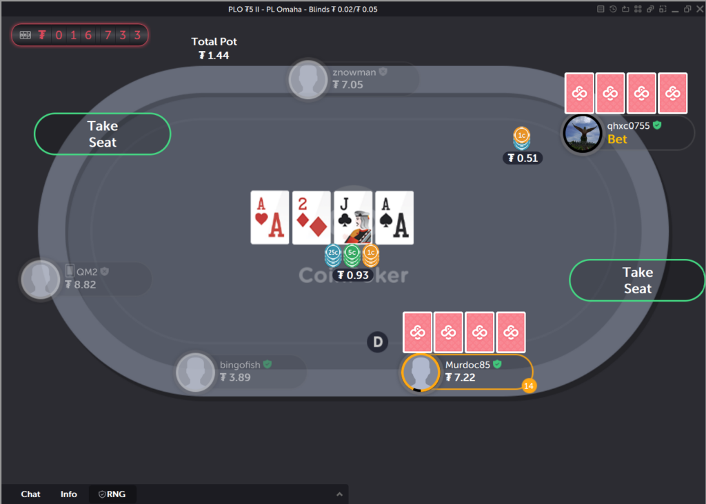 A PLO table on CoinPoker