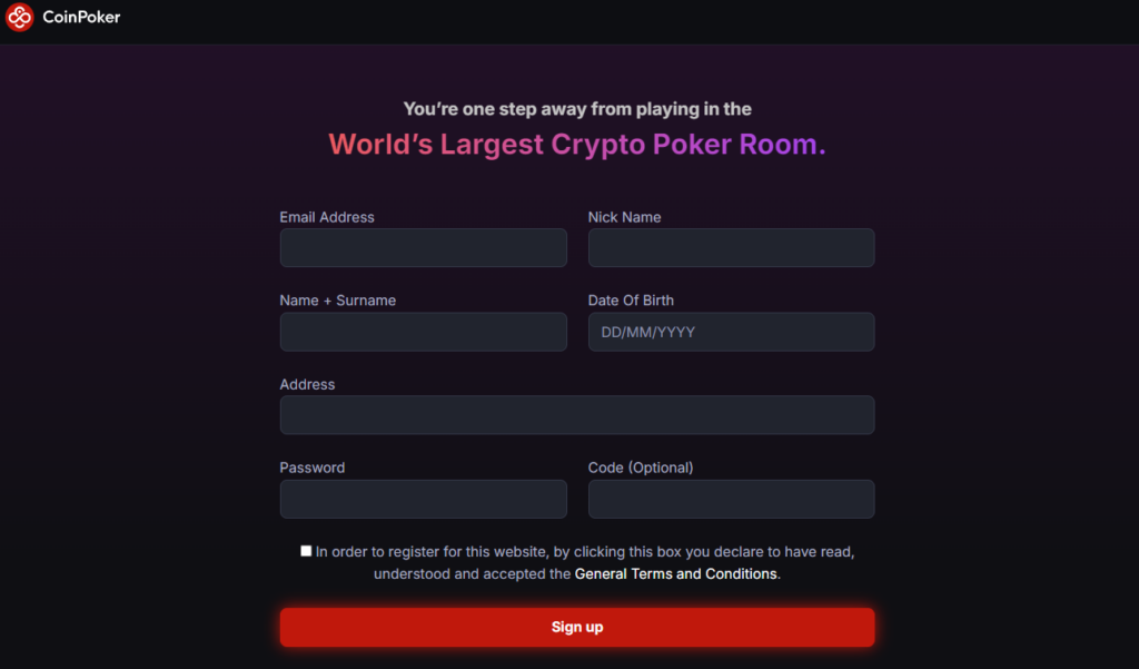 New user sign up page on CoinPoker