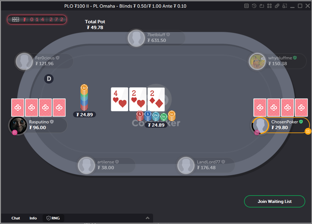 In a game of pot limit Omaha, one player c bets on a flop containing to hearts and one diamond.