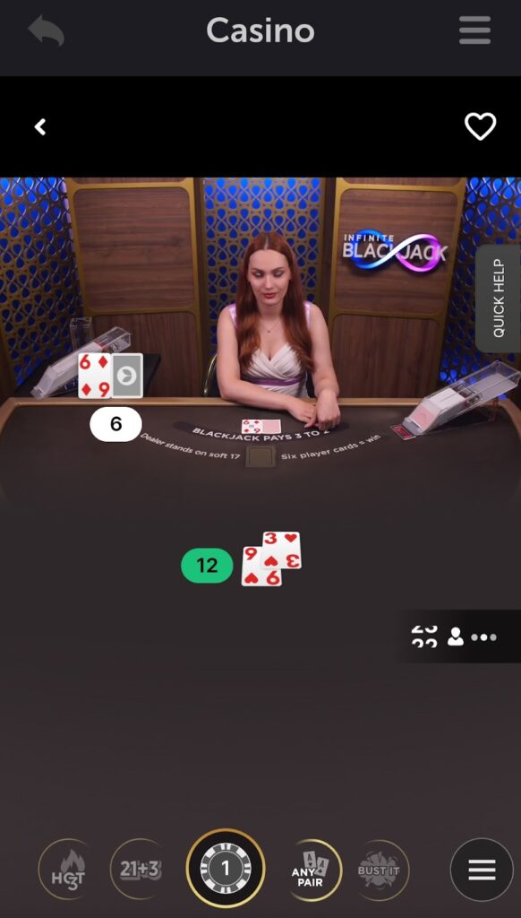 A mobile image of live dealer any pair blackjack variant.