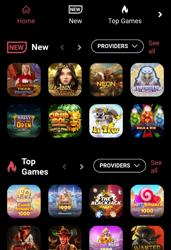 The main lobby of the casino in the CoinPoker casino app.