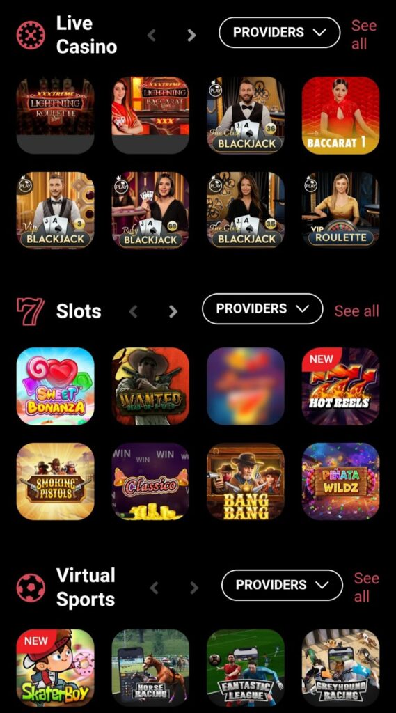 An image of CoinPoker's Casino App featuring selection of slots and live dealer games.