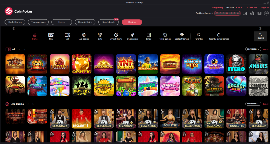 Selection of casino games at the CoinPoker NO KYC online casino